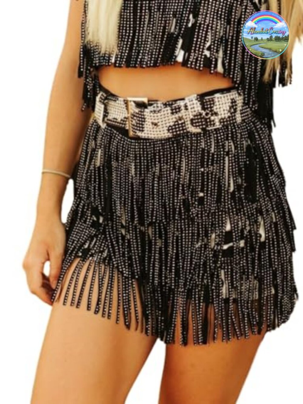 Rhinestone Fringe Mini Skirt with Belt and Shorts Lining